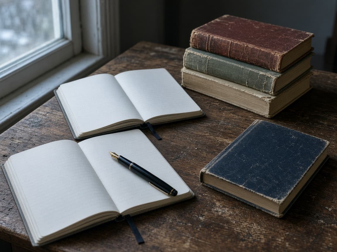 Open notebooks, a pen, and a stack of books on a wooden table in daylight.