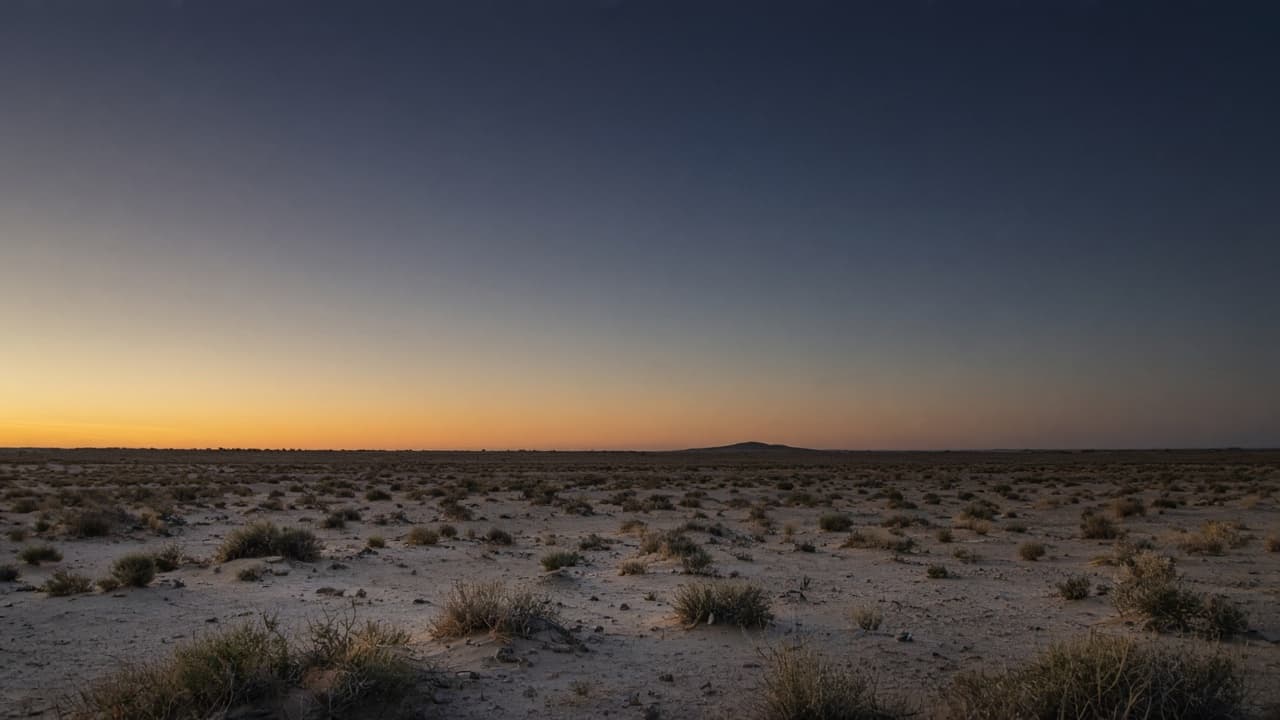 Empty desert and scrub at dusk, the sky fading from brass to night.